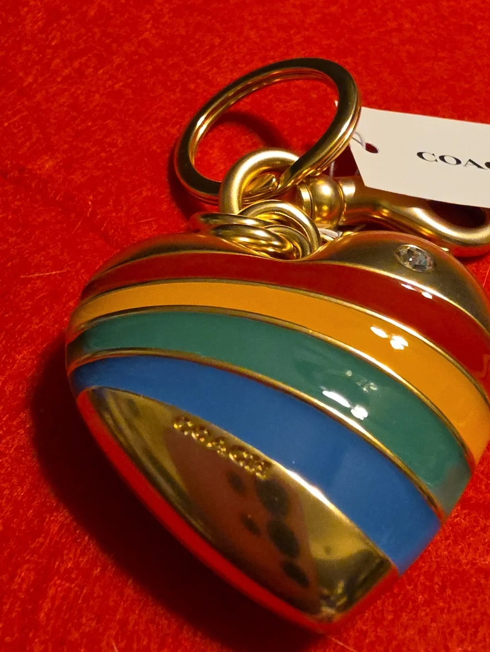 COACH Gold Heart Keychain with Red, Yellow, Green, Blue Stripes